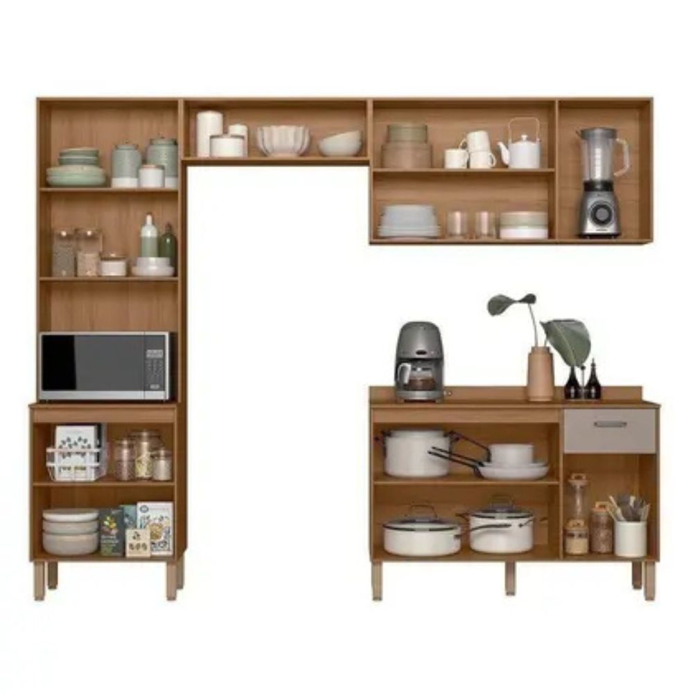 Cozinha Completa Modulada com Vidro Reflecta 4 Peças Paolla Cinza/Ipe/Fendy - Nicioli