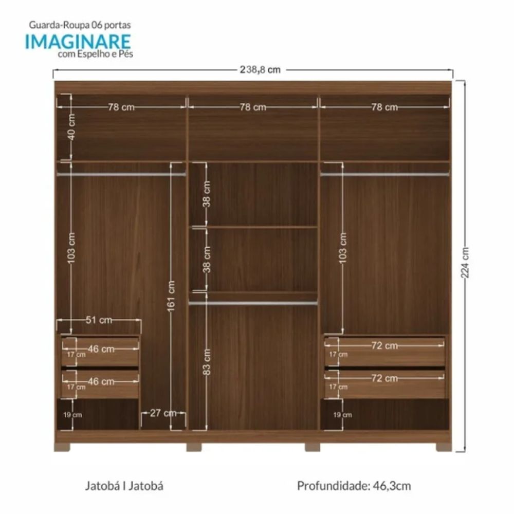Guarda Roupa Santos Andira 6 Portas Imaginare Com Espelho e Pes Jatoba