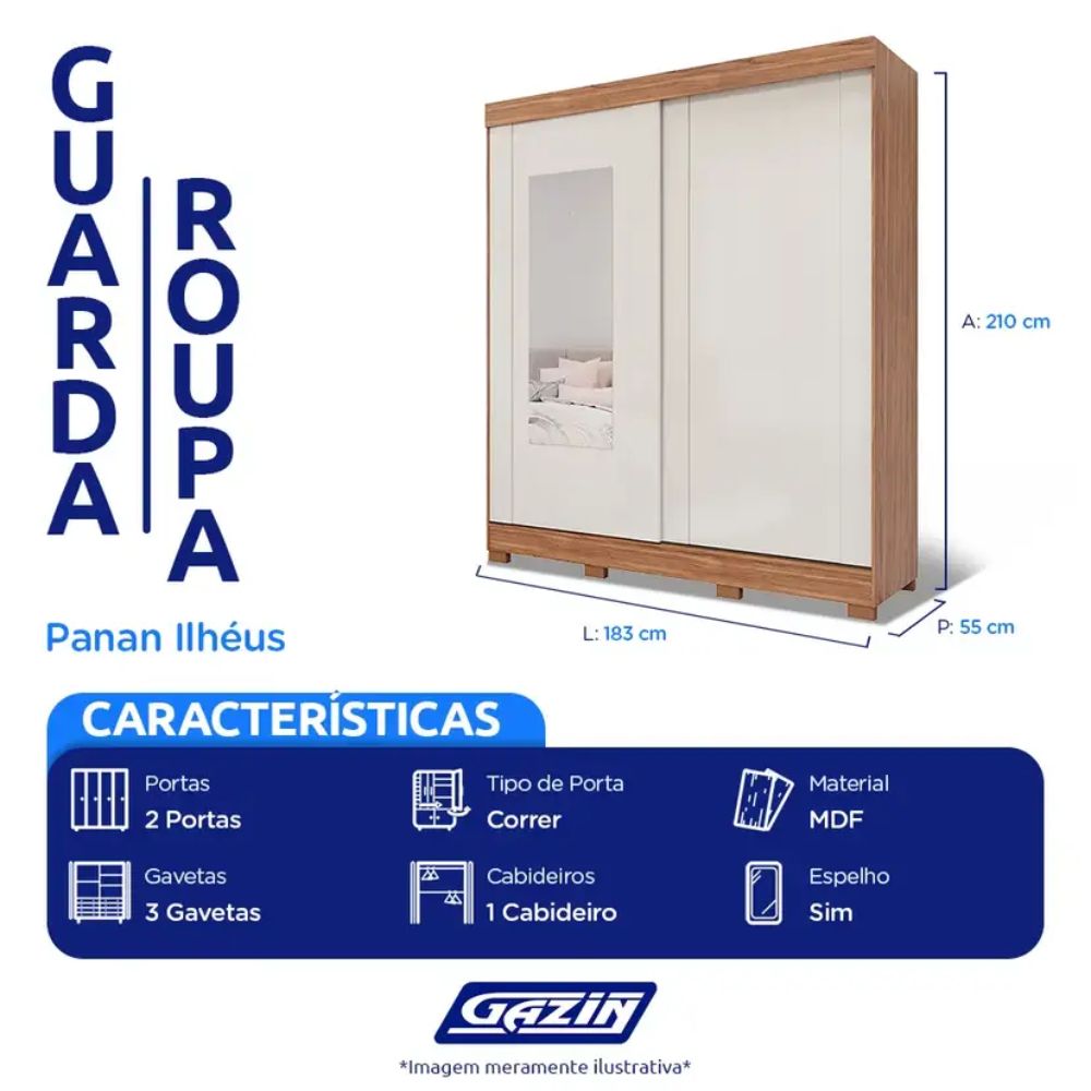 Guarda-Roupa Casal Cinamomo/Off White 2 Portas Correr 3 Gavetas Ilhéus Panan