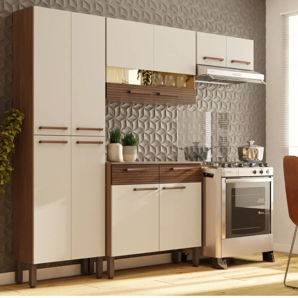 Cozinha Kits Paraná Nala com Balcão 8930 Nogal/Off White Ripado