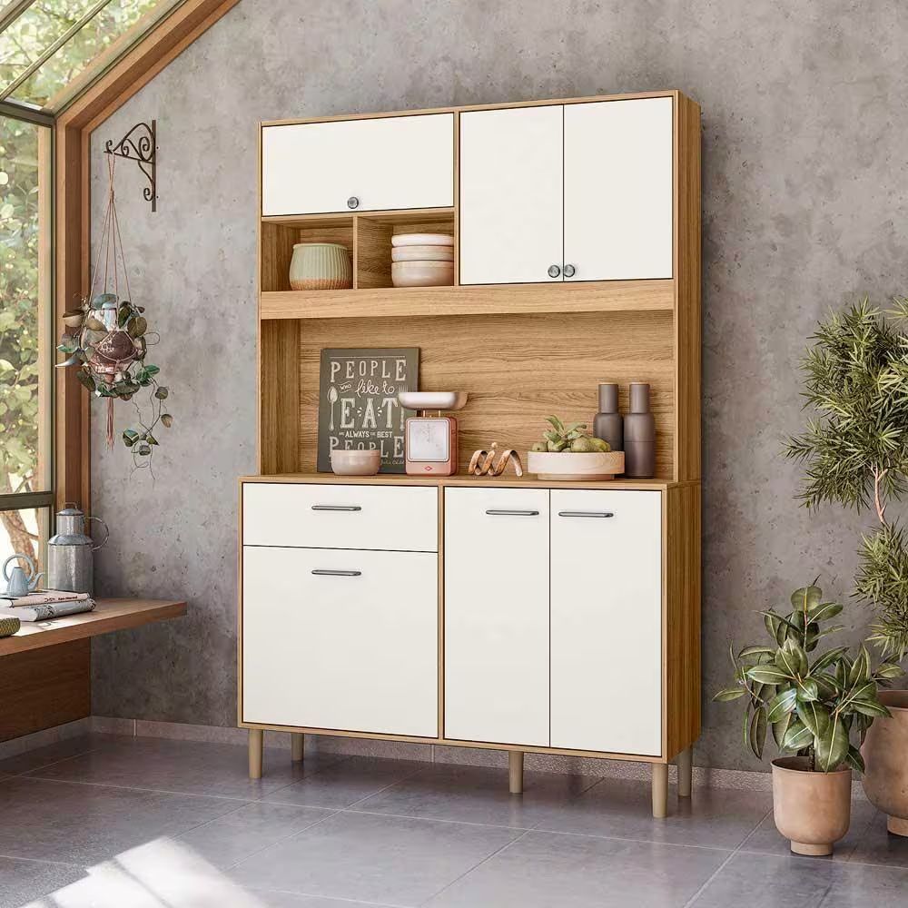 Armário Para Cozinha 6 Portas 1 Gaveta 120 cm Freijó Off White Cristal Erva Doce Nicioli