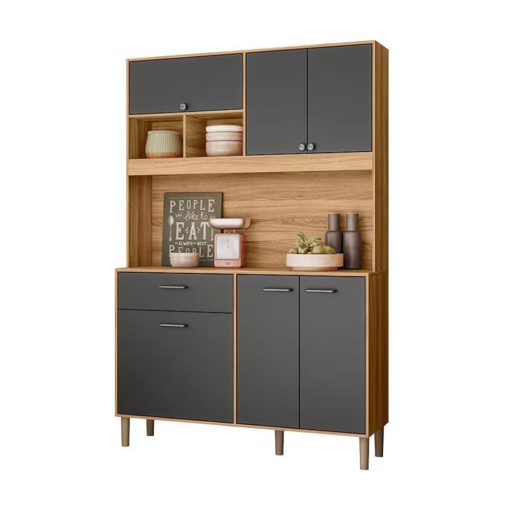 Armário Para Cozinha Pequena 6 Portas 1 Gaveta 120 cm Freijó Cinza Erva Doce Nicioli