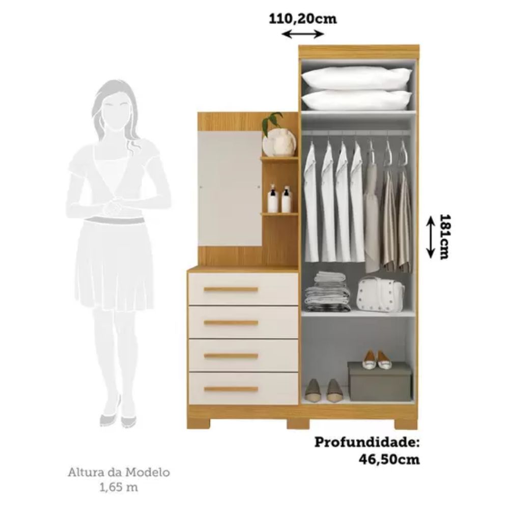 Guarda Roupa ACP Solteiro com Espelho 2 Portas 4 Gavetas Melissa Cinamomo/Off White