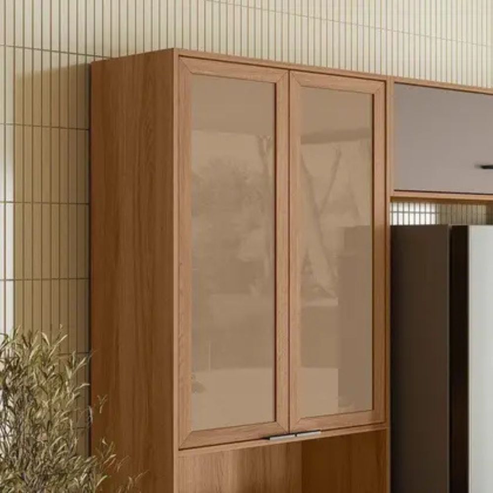 Cozinha Completa Modulada com Vidro Reflecta 4 Peças Paolla Cinza/Ipe/Fendy - Nicioli