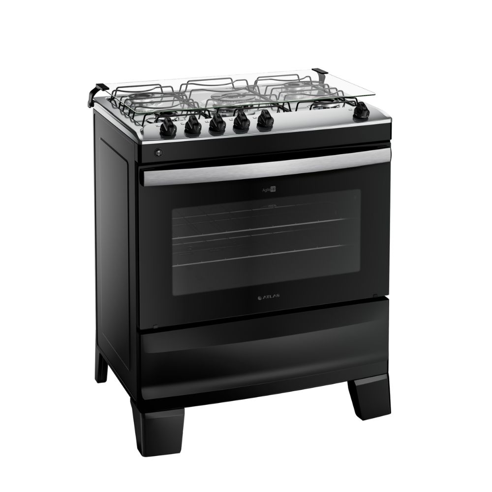 Fogão 5 Bocas Preto com Mesa Inox Atlas Agile Up Bivolt