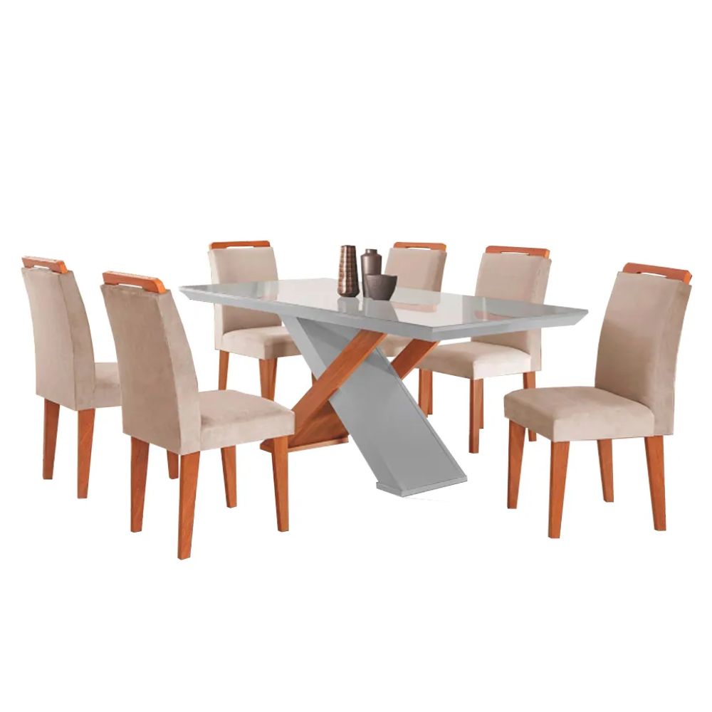 Mesa Rufato Imperatriz 180 com Tampo de Vidro 6 Cadeiras Off White/Imbuia