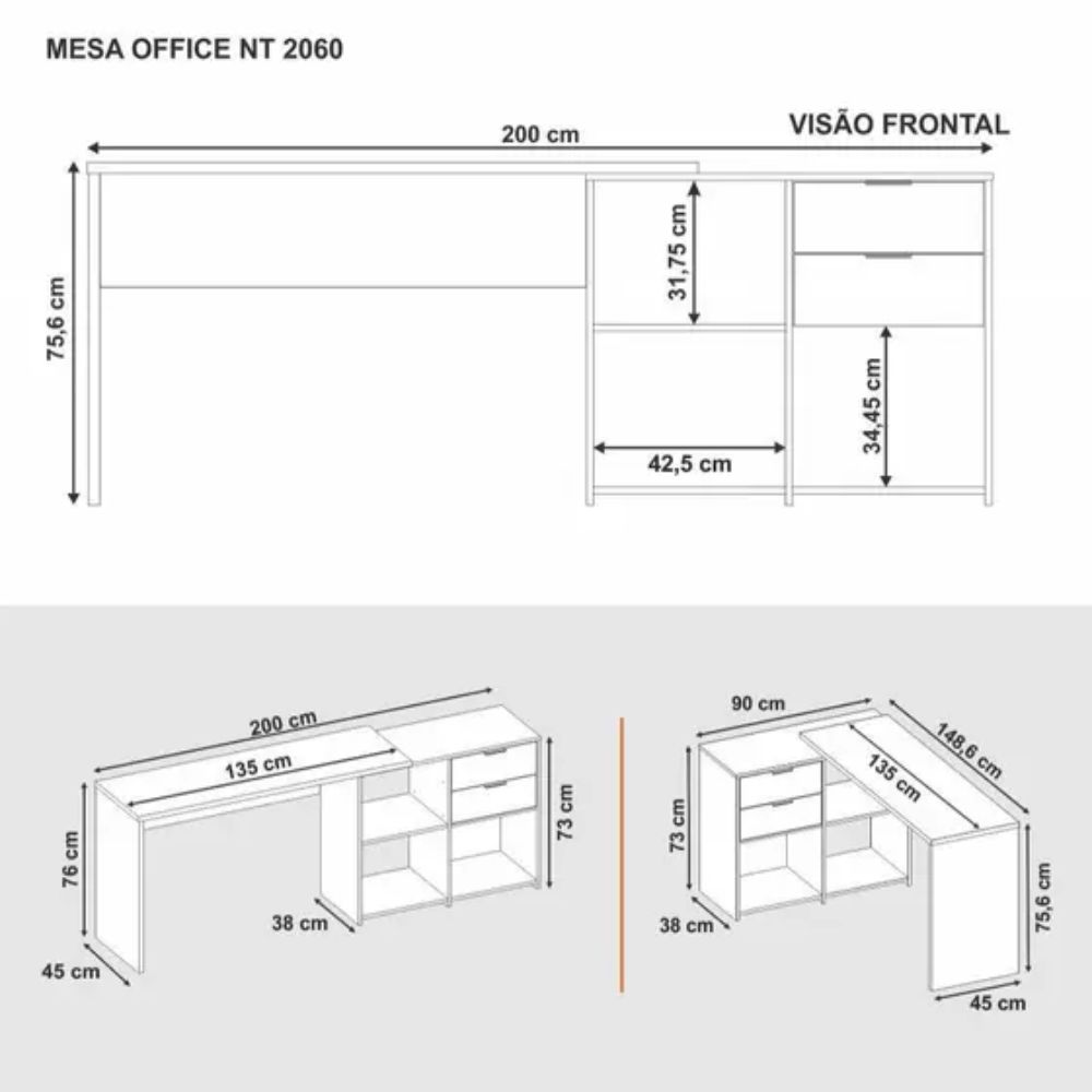 Mesa Notável Office 2 MT NT 2060 Ref 173 Preto