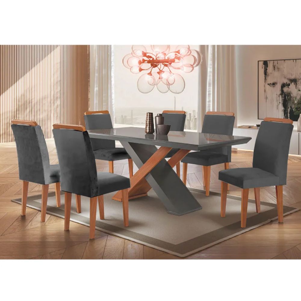 Mesa Rufato Imperatriz 180 com Tampo de Vidro e 6 Cadeiras Athenas Grafite/Imbuia