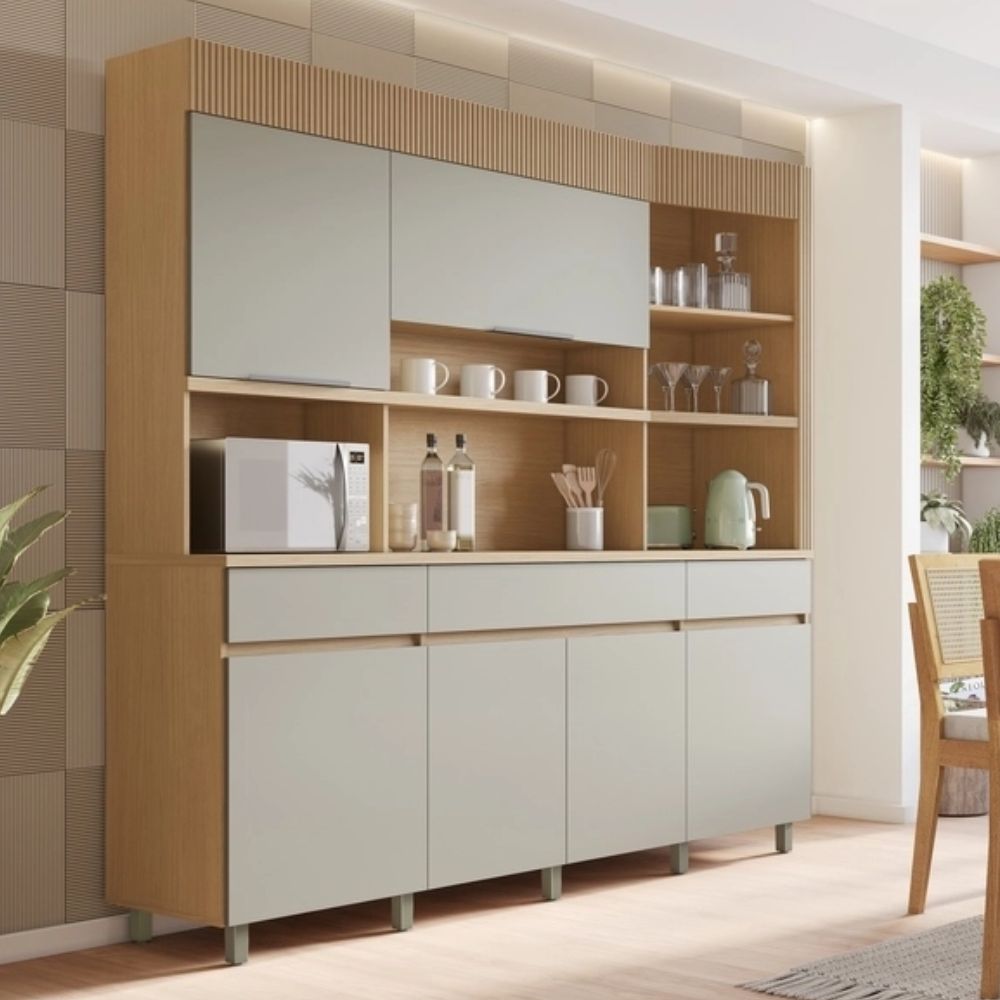 Cozinha Nesher Realeza 6 Portas 3 Gavetas 220cm Carvalho/Greige