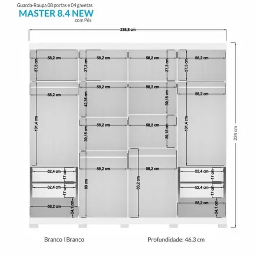 Guarda-Roupa Santos Andirá Master New 8 Portas e 4 Gavetas com Pés Branco