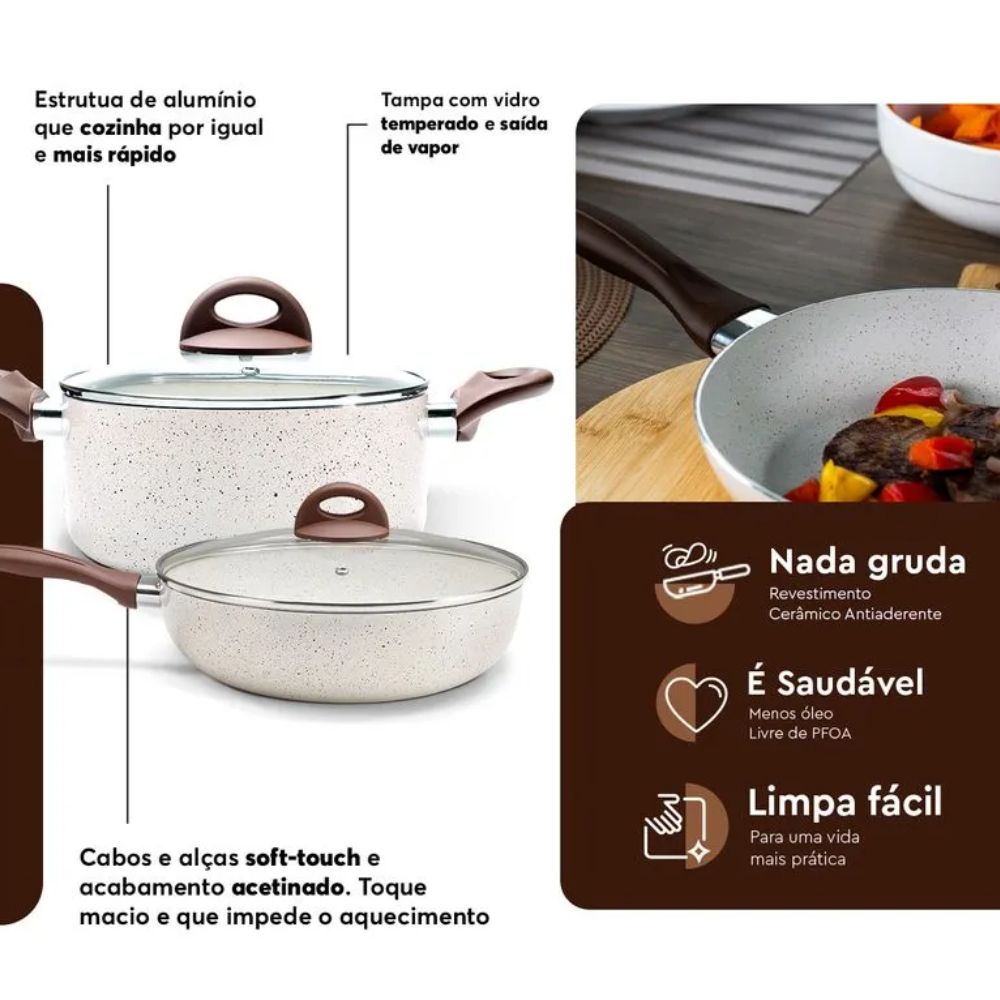 Conjunto de Panelas Brinox 8 Peças Cerâmica Smart Plus Vanila