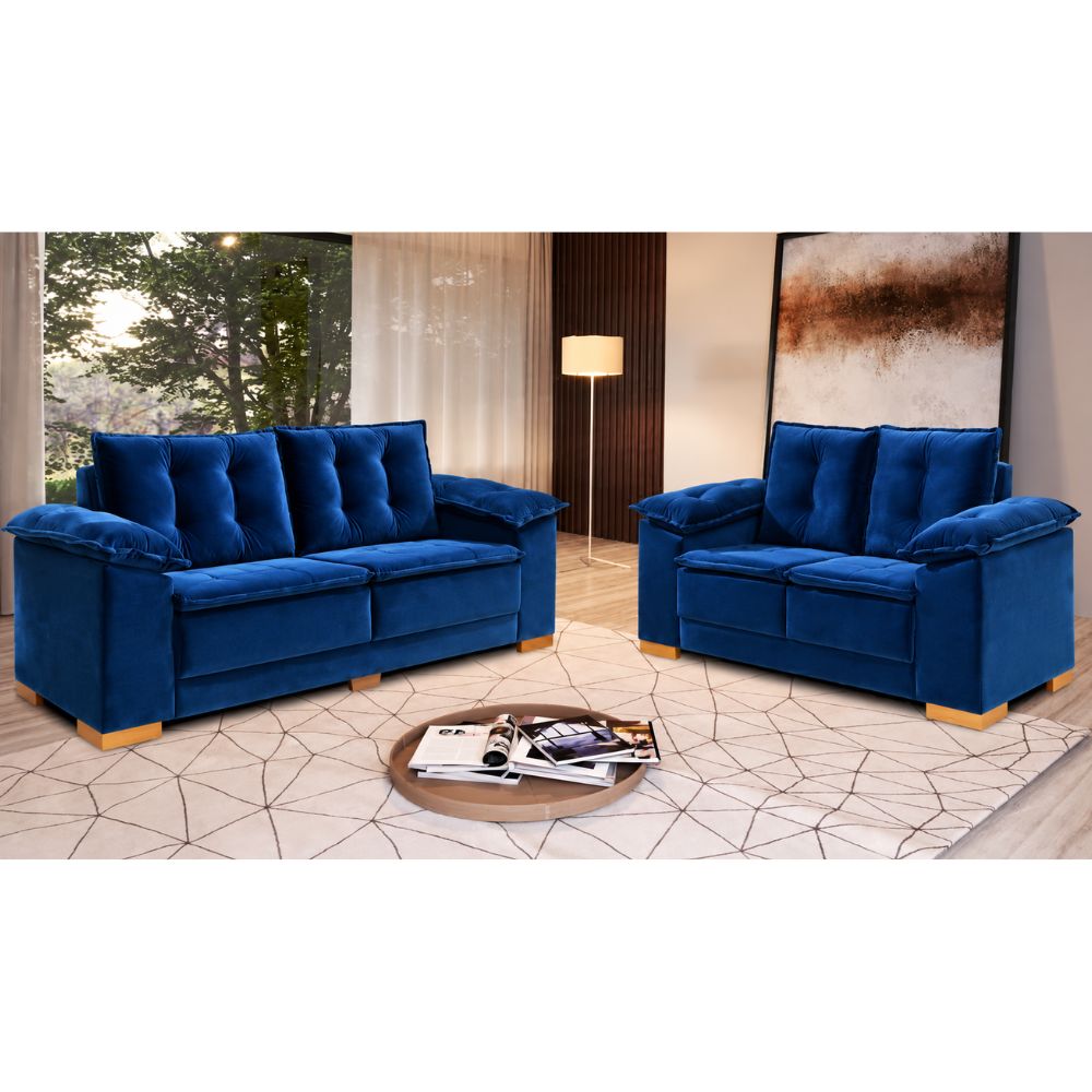 Conjunto estofado Caza Nobre Napoles 2/3 lugares navy T07 Veludo Azul