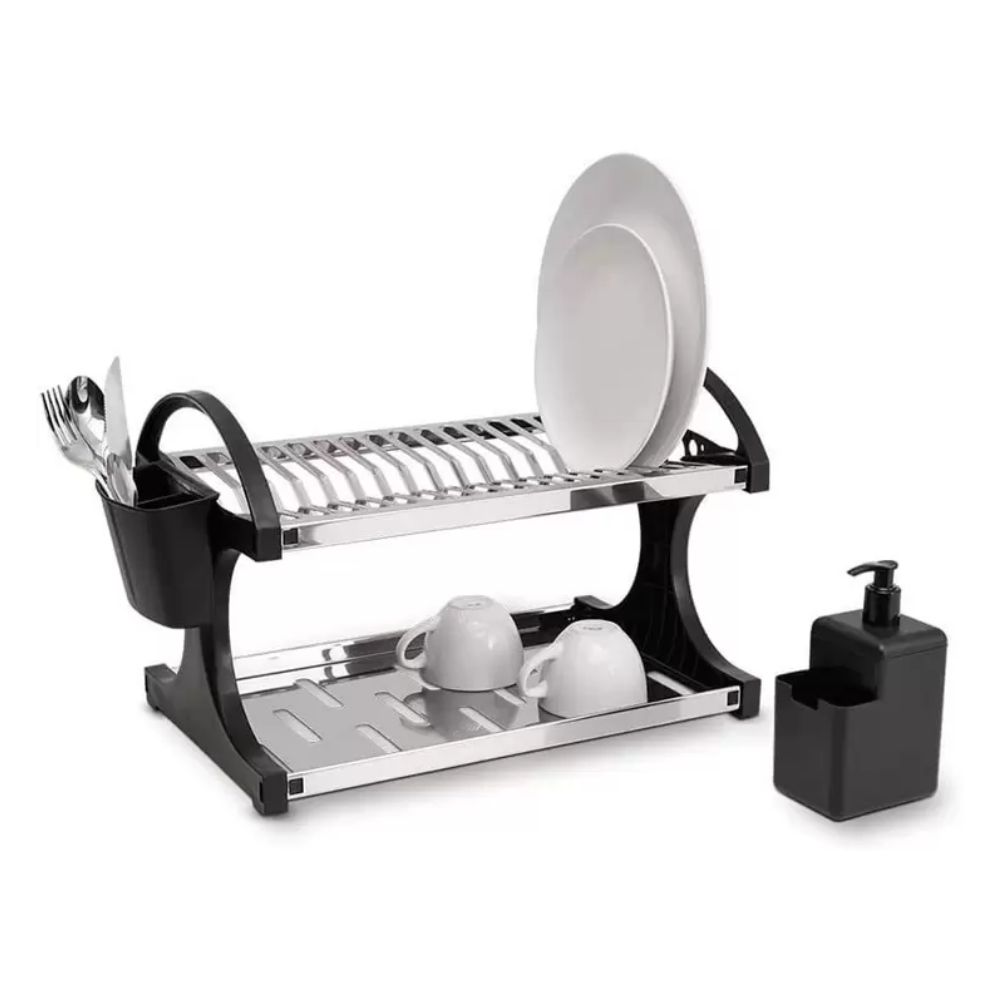 Escorredor 16 Pratos em Aço Inox com Porta Talheres e Dispenser Preto 500ml Brinox 2104/491