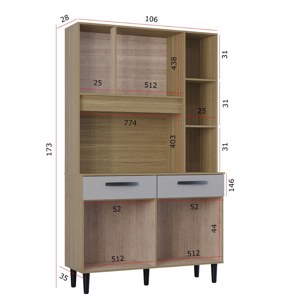 Armário de Cozinha Poquema Malu 7 Portas Damasco Ripado/Off White