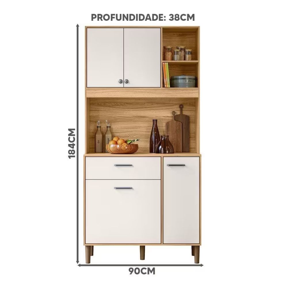 Armário Para Cozinha 4 Portas 1 Gaveta 90 cm Freijó Off White Cristal Erva Doce Nicioli