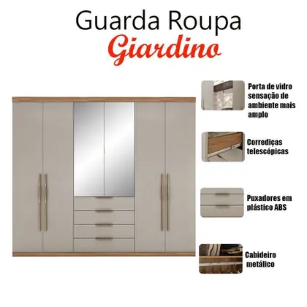 Guarda Roupa Casal Giardino 6 Portas Amêndola Nude Prime TX com Espelho - Demóbile