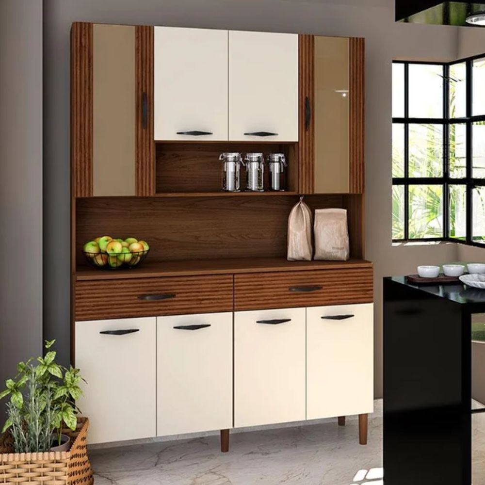 Armário de Cozinnha Kits Parana Golden 8 Portas 8930 Nogueira/Off White/Ripado