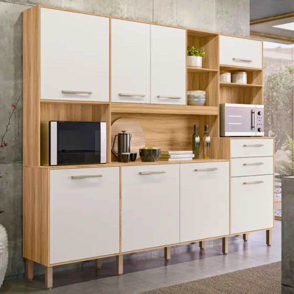 Armário de Cozinha Nicioli Hortelã 2.40 Freijó/Off White Cristal