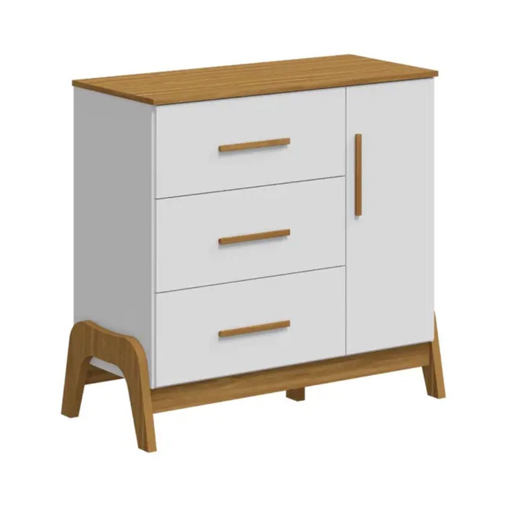 Cômoda Retrô Guti Moveis Peroba 03 gavetas 01 porta MDF Branco Amêndoa
