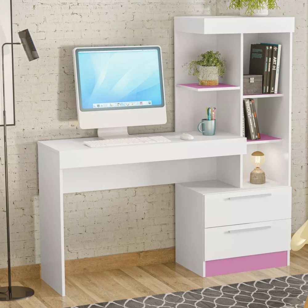 Mesa Notável Office 1.32mts NT 2010 Ref 129 Branco New/Rosa