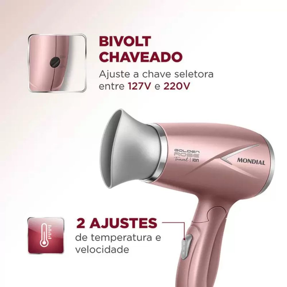 Secador de Cabelo Mondial Travel Golden SC-47 Gold Rose
