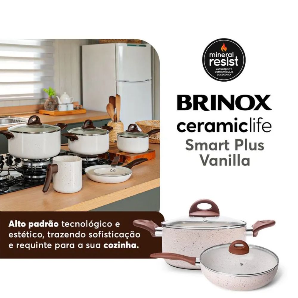Conjunto de Panelas Brinox 8 Peças Cerâmica Smart Plus Vanila