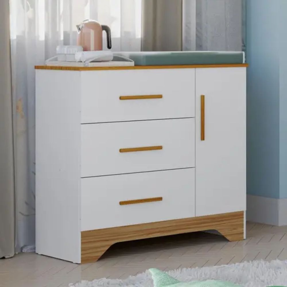 Cômoda Peroba Popy Retrô Plus 3 Gavetas 1 Porta Branco/Amêndoa