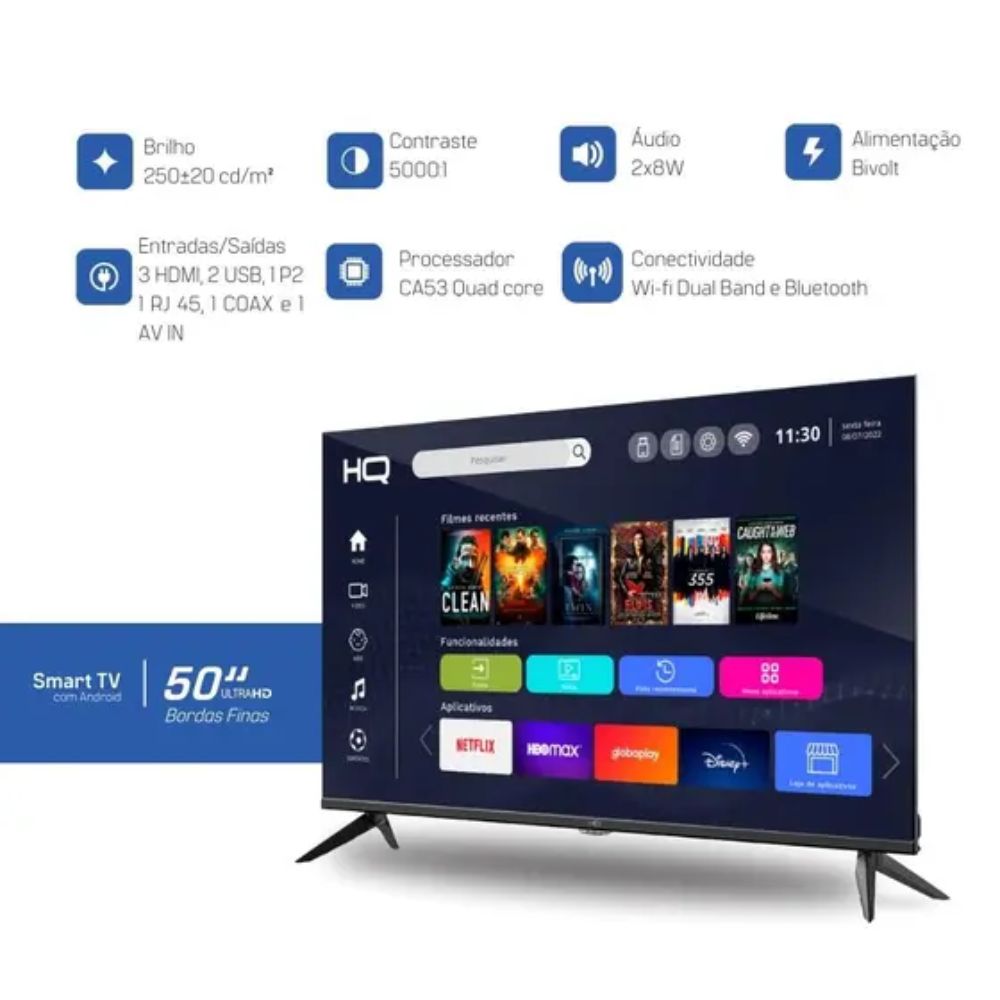 Smart TV 50" HQ 4K 3 HDMI 2 USB WI-FI Android 11