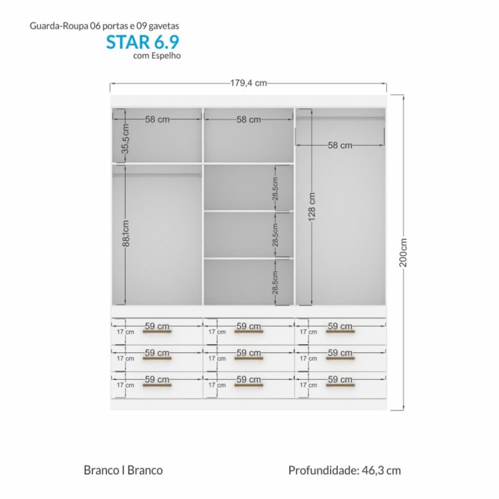 Guarda Roupa Santos Andira Star Plus 6.9 Com Espelho e Pés Branco