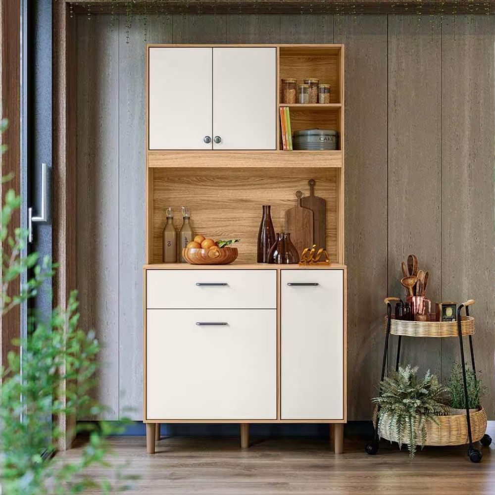 Armário Para Cozinha 4 Portas 1 Gaveta 90 cm Freijó Off White Cristal Erva Doce Nicioli