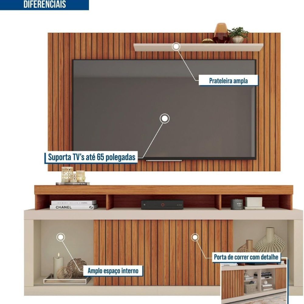 Rack com Painel Caemmun New Oscar  Para TV até 65” Freijó / Off White