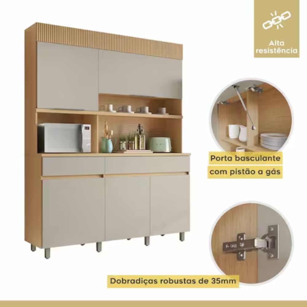 Cozinha Compacta Nesher Realeza 5 Portas 2 Gavetas 160cm Carvalho/Grigio