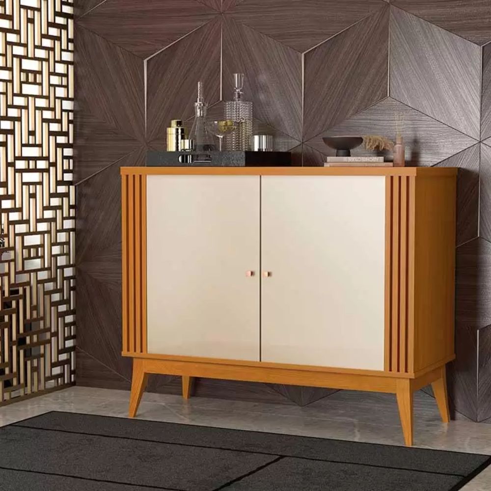 Buffet Pequeno 90cm Ripado Sala Jantar 2 Portas Argo EDN Cedro/Off White
