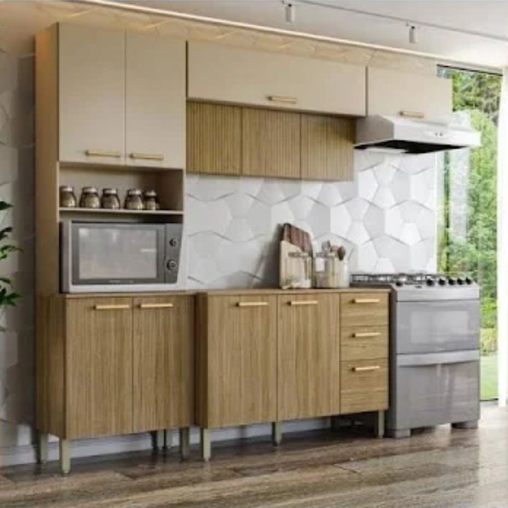 Cozinha Kits Parana Nala com Balcao 9009 Freijo/Vanilla Ripado