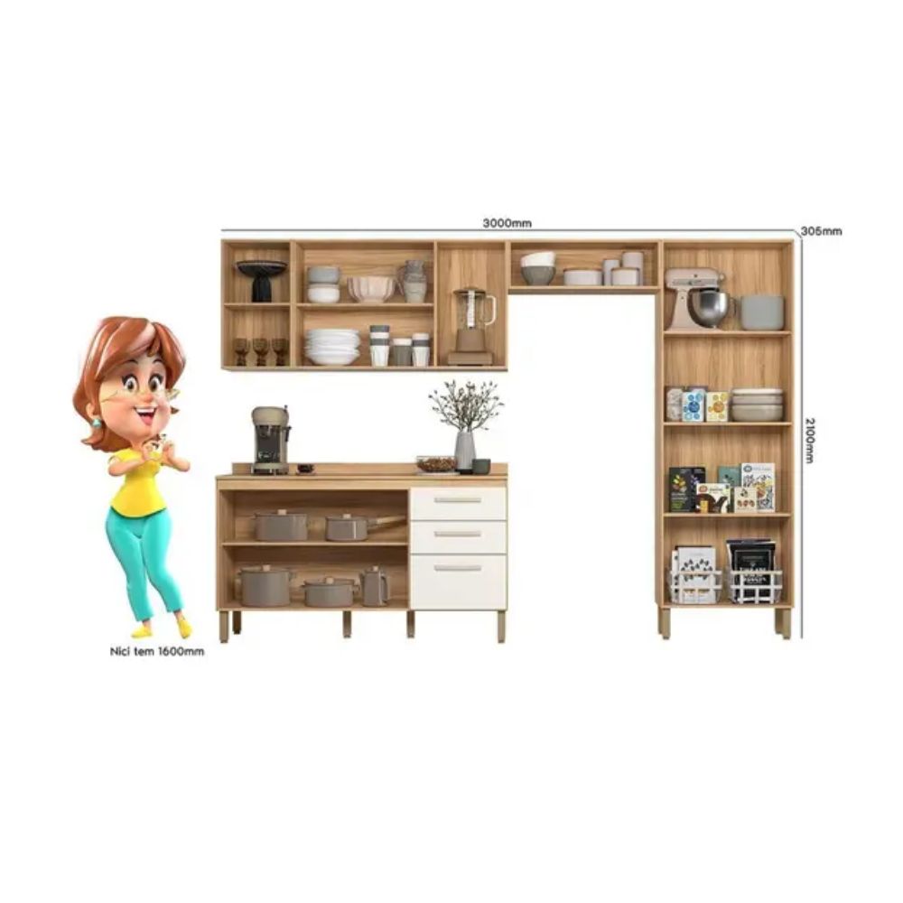 Cozinha Completa Estilo 10 Portas 3 Gavetas Freijó/Off White Cristal Nicioli