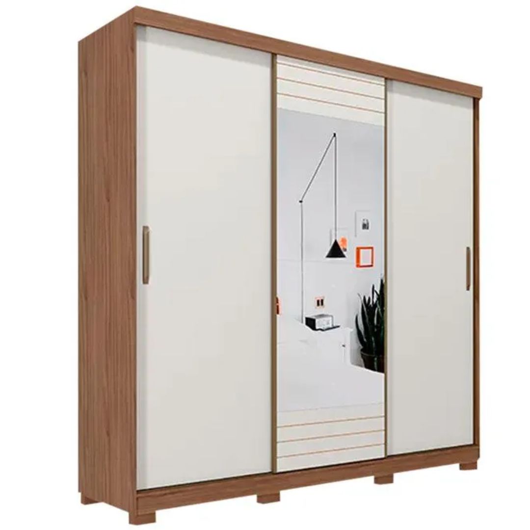 Guarda Roupa Panan Buzios Slide Glass 3 Portas Cacau/Off White