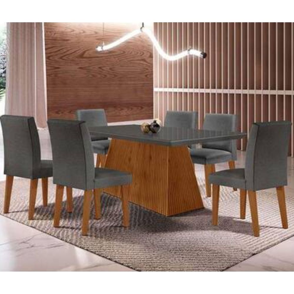 Mesa Rufato Luna 180 6 Cadeiras Lunara Veludo/Grafite/Imbuia