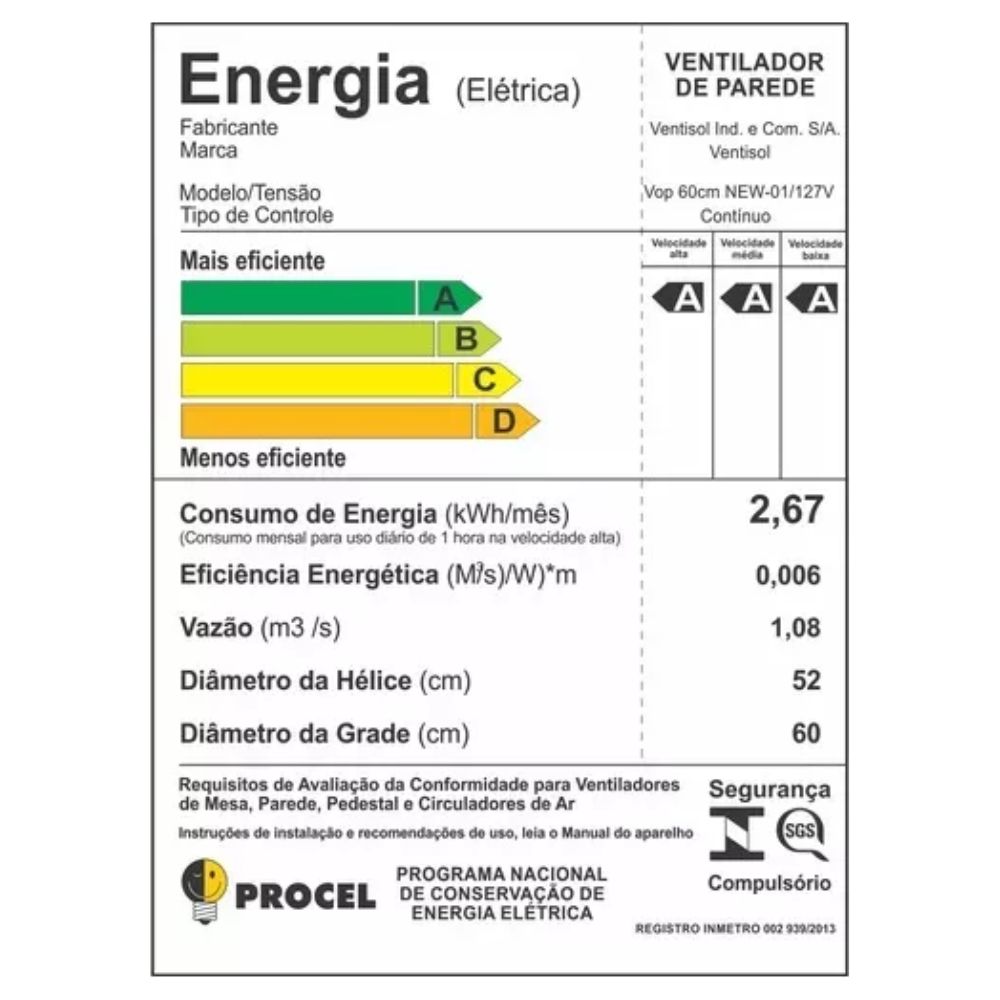 Ventilador Osc Parede 60cm New Preto 220v Premium Ventisol