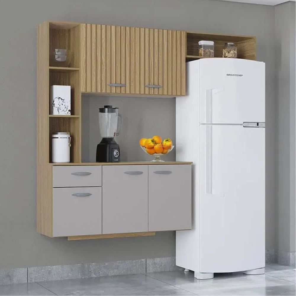 Cozinha Suspensa Poquema Isis com Balcão Damasco Ripado/Off White