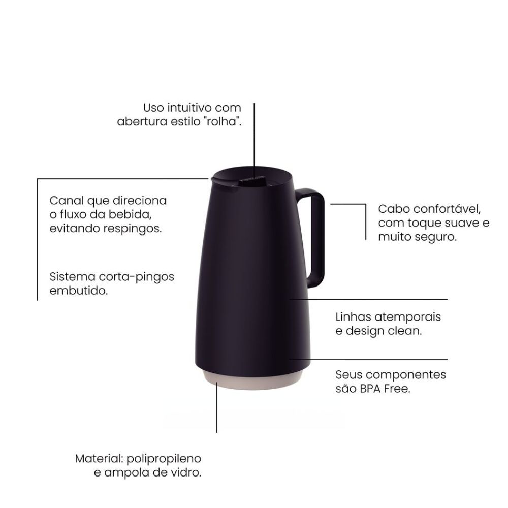 Bule Térmico Tramontina Exata em Plástico Preto com Ampola de Vidro 500 ml
