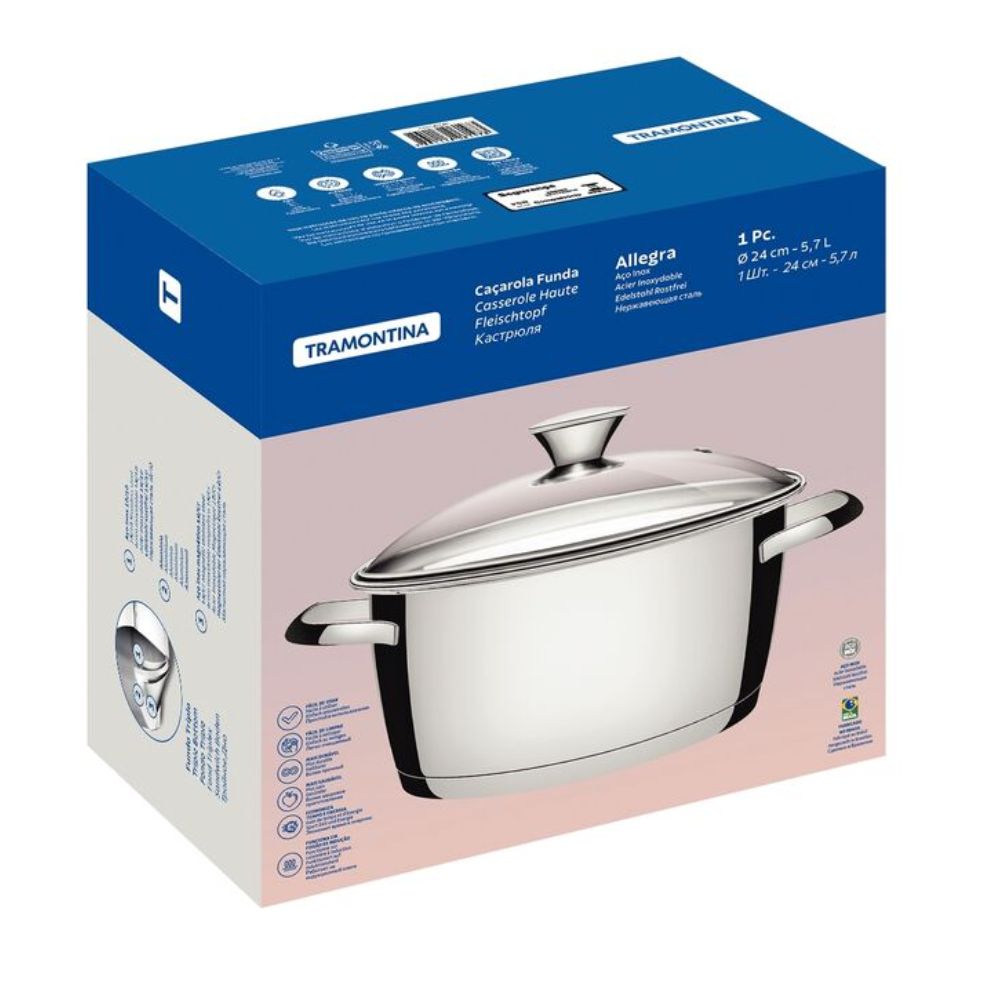 Caçarola Funda Tramontina Allegra em Aço Inox com Fundo Triplo