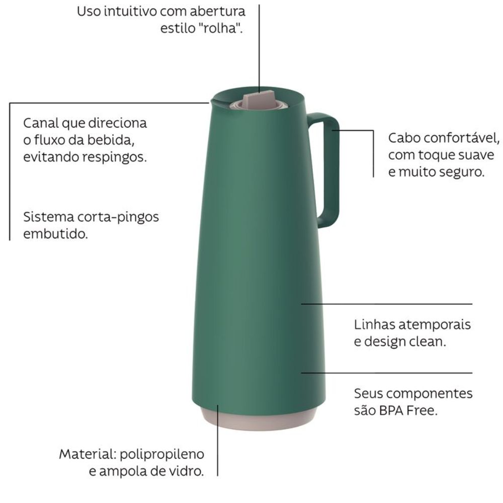 Bule Térmico Tramontina Exata em Plástico Verde com Ampola de Vidro 1 L