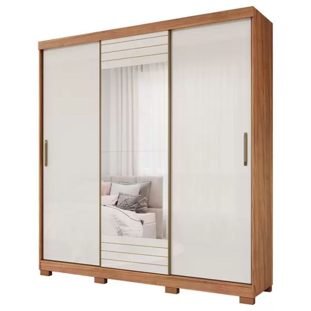 Guarda-Roupa Panan Búzios Slide Glass 3 Portas Cinamomo/Off-White