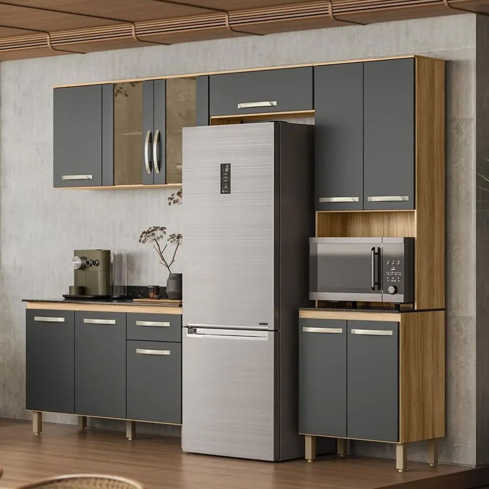 Cozinha Nicioli 4 Peças Fit L Com Balcão Carvalho/Carvalho/Chumbo