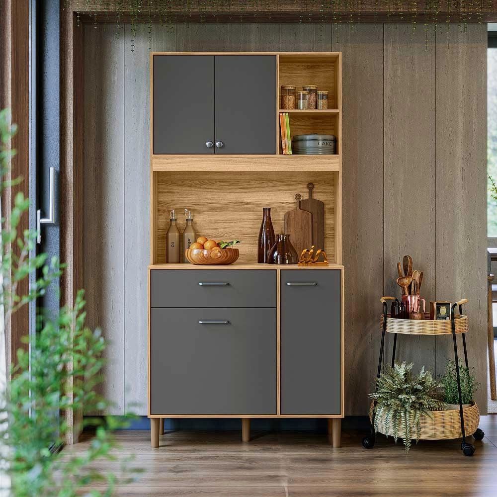 Armário Para Cozinha 4 Portas 1 Gaveta 90 cm Freijó Chumbo Erva Doce Nicioli