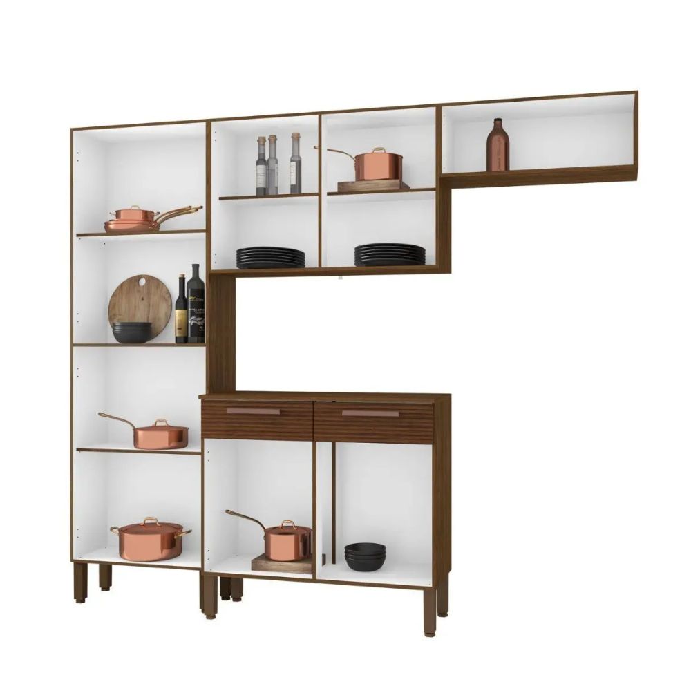 Cozinha Kits Paraná Nala com Balcão 8930 Nogal/Off White Ripado