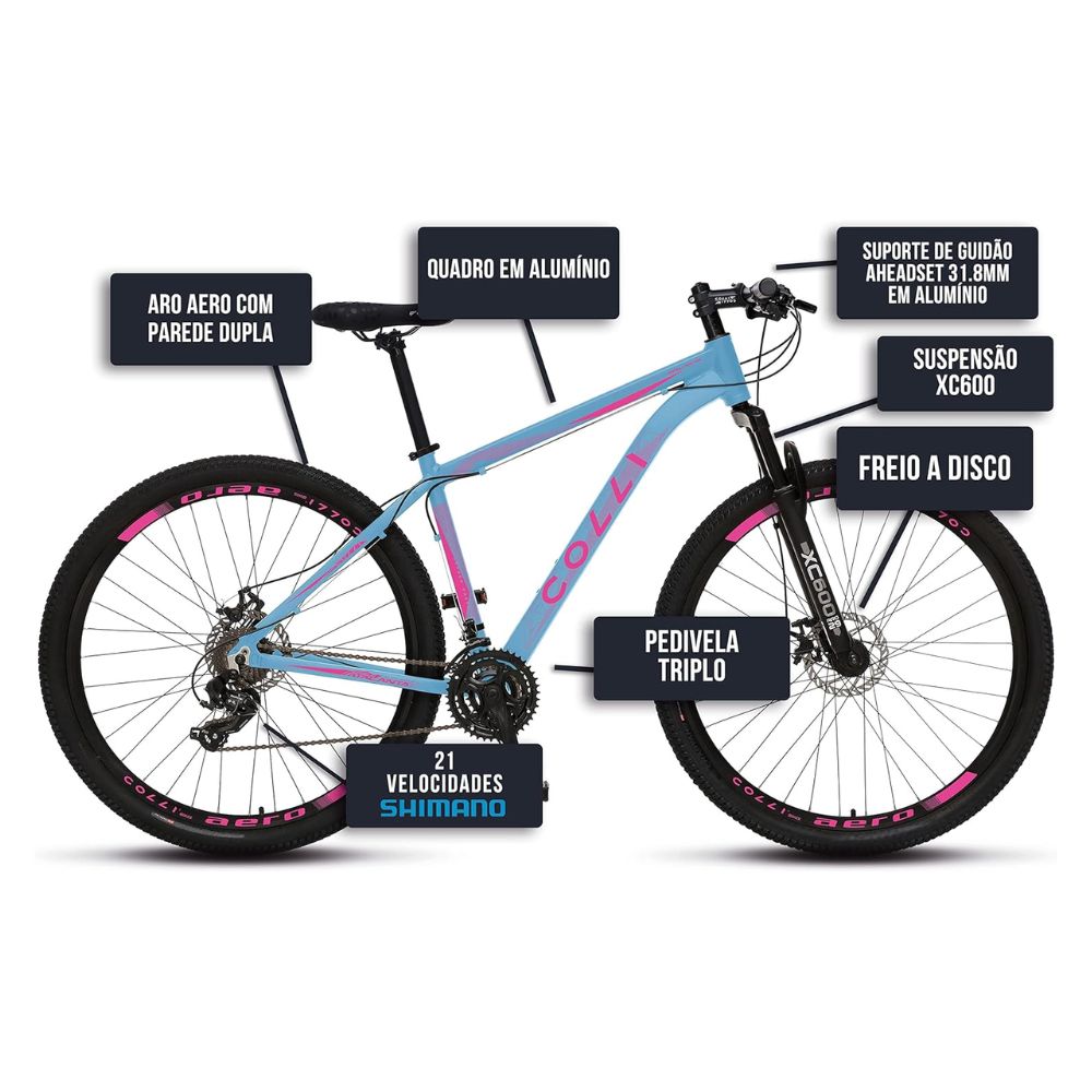 Bicicleta Colli Eudora Aluminio Aro 29 Cor Azul Champanhe/Rosa Neon
