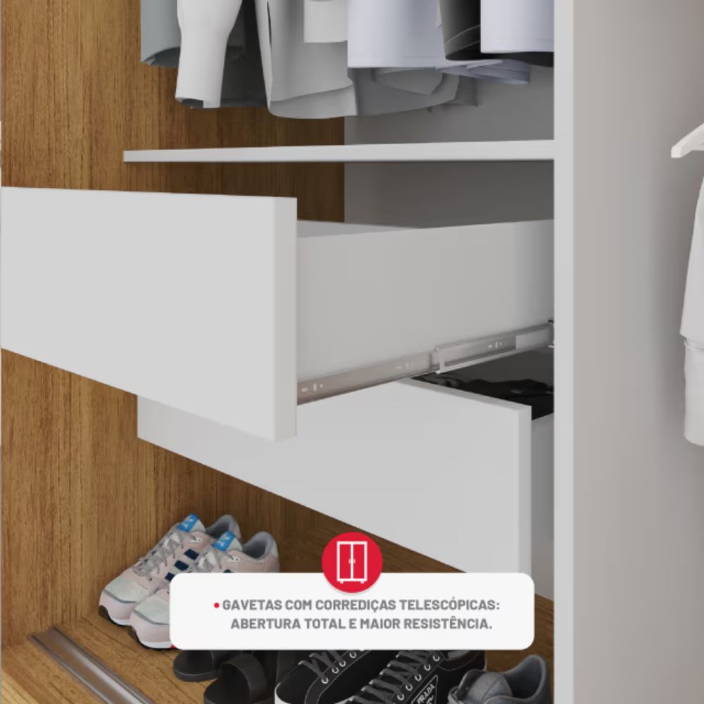Guarda-Roupa com Espelho Panamá 3 Portas e 4 Gavetas Cinamomo Off White - Sallêto