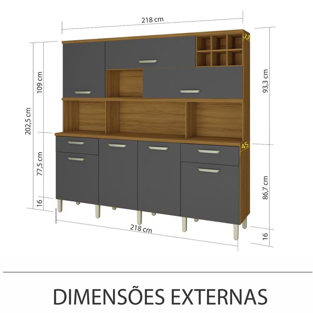 Cozinha Modulada Nesher Master 7 Portas 2 Gavetas Freijo/Grafite