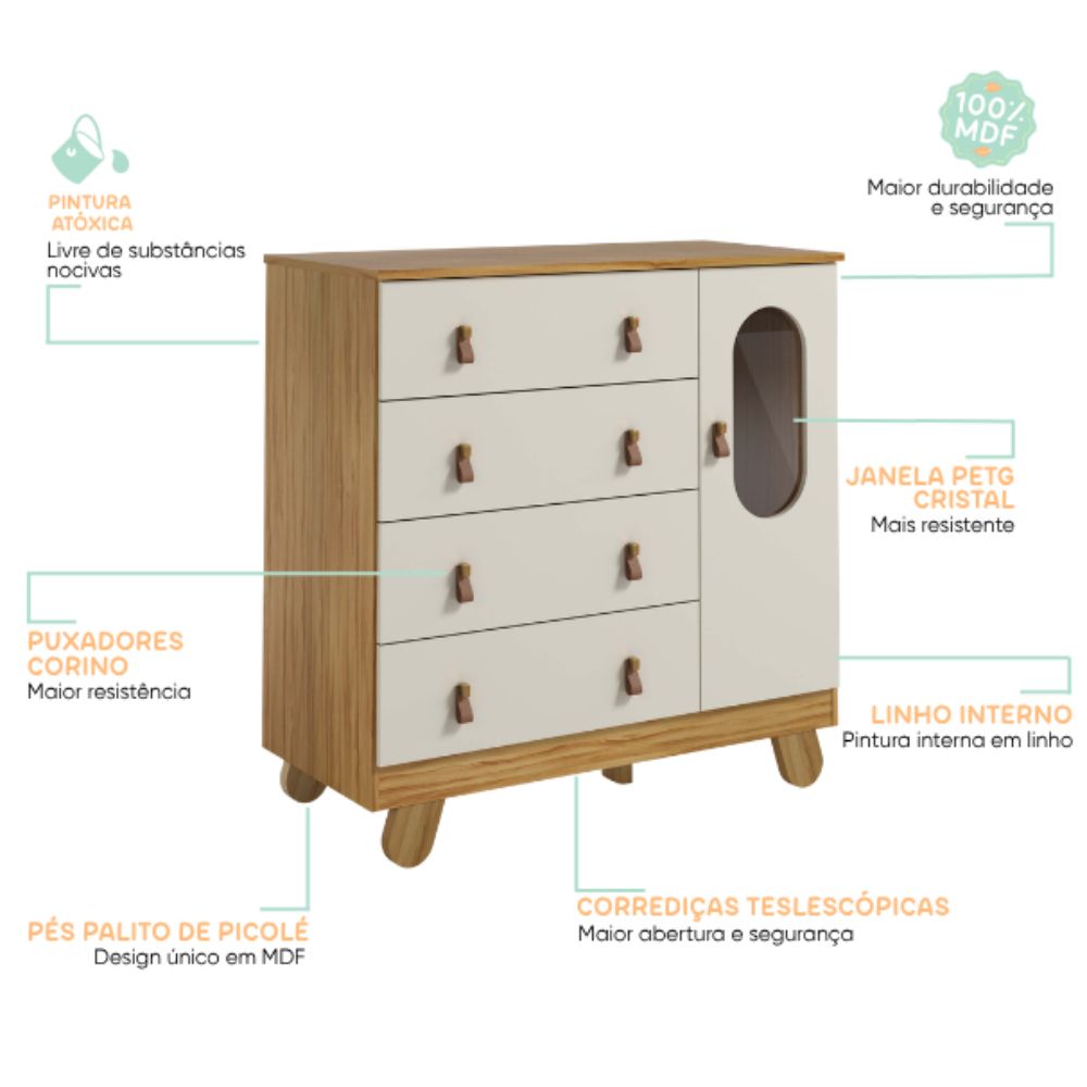 Cômoda Infantil Peroba 4 Gavetas e 1 Porta